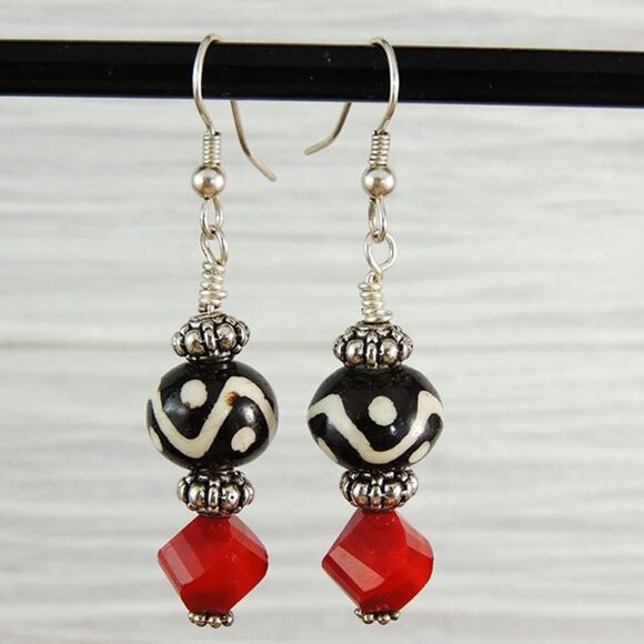 Sterling Silver Red & Black Tribal Prink Batik Dangle Earrings - Picture 1 of 2